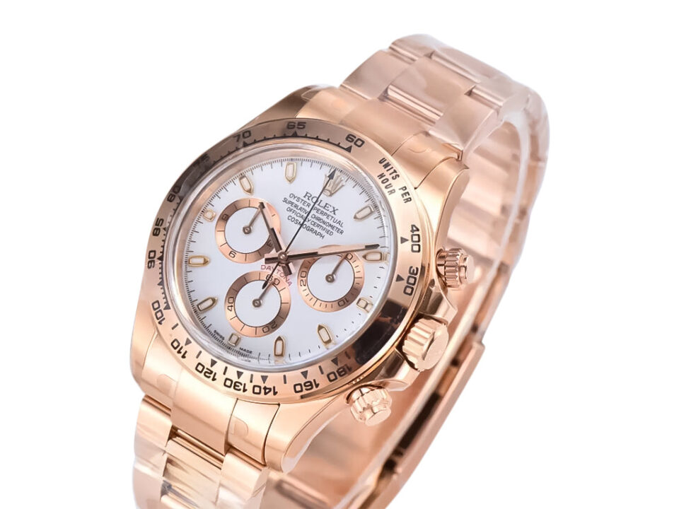 Cosmograph Daytona Rose Gold watch with Ivory Dial featuring a sleek design, luminous markers, and elegant chronograph dials.