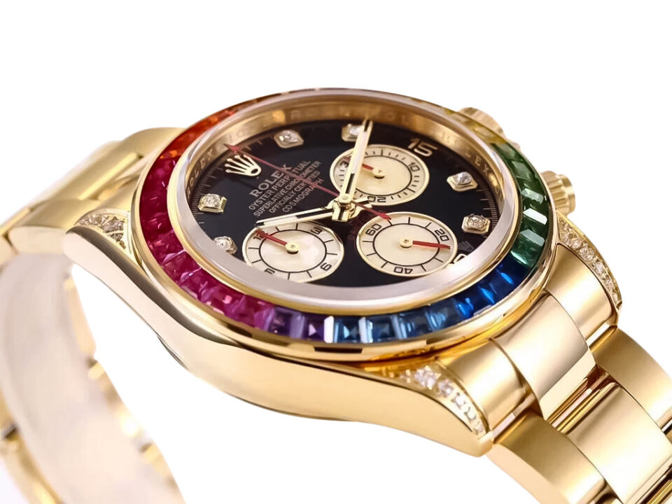 Cosmograph Daytona Yellow Gold ‘Rainbow’ with Diamond Bezel, featuring a rainbow-colored gem-set bezel and black dial.