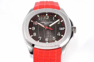 Aquanaut Stainless Steel ‘Singapore’ with Black Dial (40mm) featuring red accents, date display, and matching red strap.
