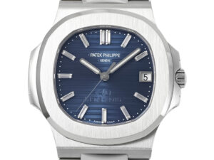 Nautilus Stainless Steel '40th Anniversary' watch with blue dial (40mm), featuring date display & signature design elements.