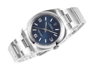 Oyster Perpetual 36 stainless steel watch with blue dial featuring Arabic numerals and sleek silver bracelet.