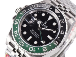 GMT-Master II Stainless Steel ‘Sprite’ on Jubilee (40mm) with black and green bezel, black dial, and date magnifier.