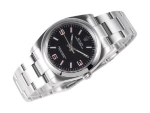 Oyster Perpetual 36 stainless steel watch with black dial, pink Arabic numerals, and a polished silver bracelet.