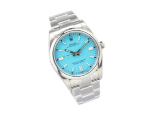 Oyster Perpetual 36 Stainless Steel watch with a blue turquoise dial, silver hour markers, and a polished bracelet.