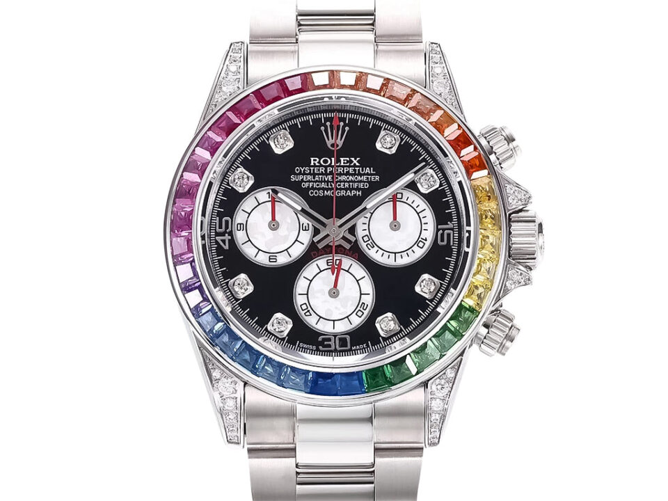 Cosmograph Daytona Stainless Steel 'Rainbow' watch with diamond bezel, black dial, and rainbow-colored gemstone accents.