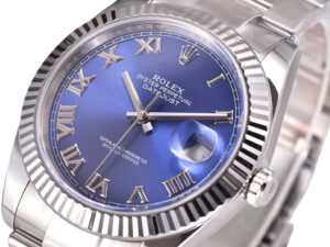Datejust 41 Stainless Steel watch with Oyster bracelet, silver fluted bezel, and blue dial featuring Roman numerals.