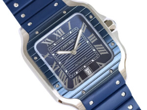 Santos Large Stainless Steel watch with blue dial, blue bezel, Roman numerals, and a rubber strap (40mm).