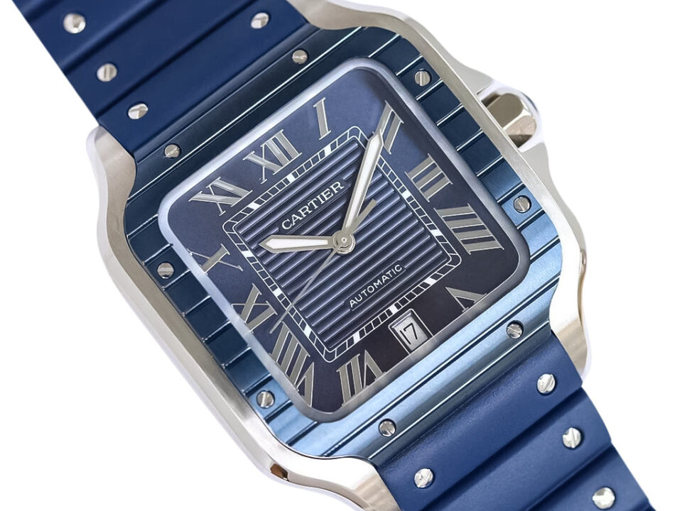 Santos Large Stainless Steel watch with blue dial, blue bezel, Roman numerals, and a rubber strap (40mm).