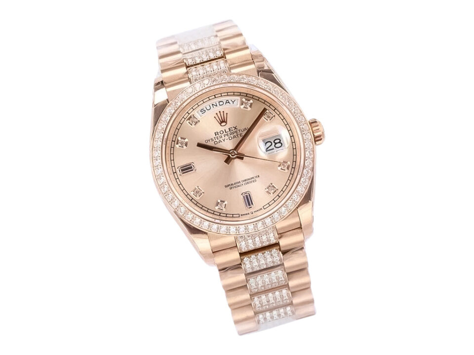 Day-Date 36 Rose Gold ‘President’ watch with Diamond Rose Dial, Diamond Bezel, and matching rose gold bracelet.