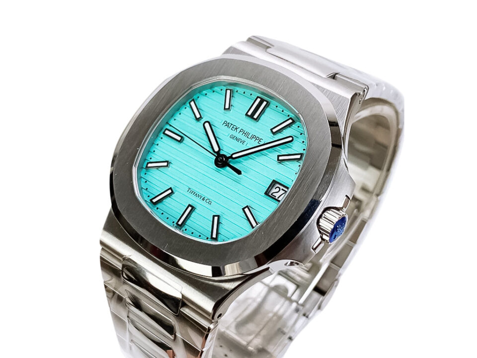 Nautilus Stainless Steel 'Tiffany' watch with a 40mm case and signature Tiffany Blue dial, featuring a date display.
