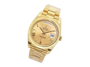 Day-Date 40 Yellow Gold ‘President’ watch with Champagne Dial, Roman Numerals, and Fluted Bezel displayed at an angle.