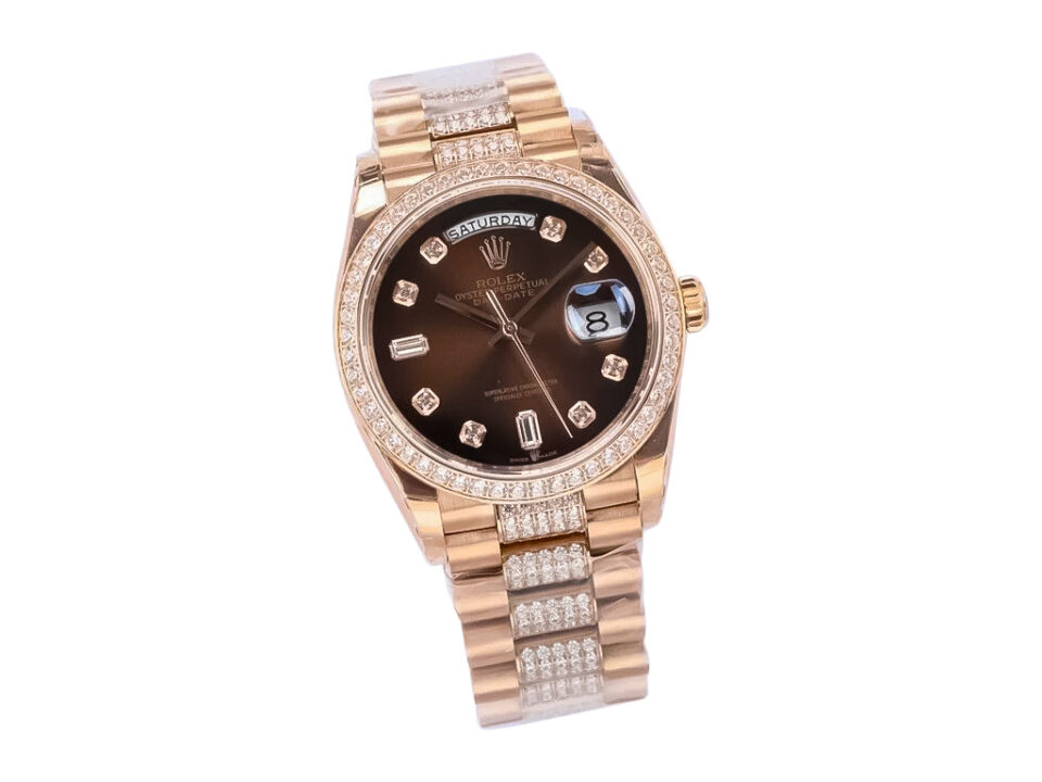 Day-Date 36 Rose Gold ‘President’ watch with Diamond Chocolate Dial, Diamond Bezel, and matching diamond-accented bracelet.