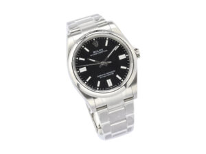 Oyster Perpetual 36 stainless steel watch with black dial, luminous hour markers, and polished bracelet on product display.