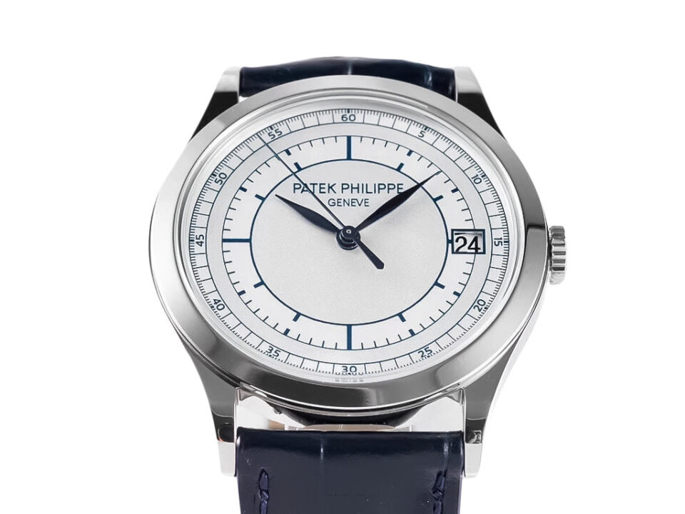 Calatrava Stainless Steel 'Scientific' watch with silver dial (38mm) and black leather strap, featuring a date display.