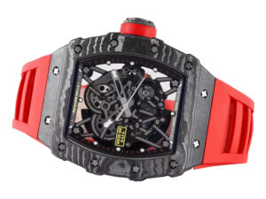 RM 35-02 Rafa watch with black bezel, red markers, visible skeleton dial, and red rubber strap (49mm) displayed at an angle.