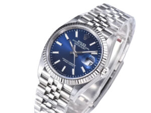 Datejust 36 Stainless Steel on Jubilee bracelet, blue dial, fluted bezel, and date display at 3 o’clock position.