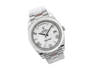 Day-Date 40 White Gold ‘President’ watch with white dial, Roman numerals, fluted bezel, and polished bracelet.