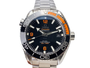 Seamaster Planet Ocean 600 with Black Dial featuring a stainless steel bracelet, orange accents, date display at 3 o'clock.