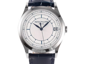 Calatrava Stainless Steel 'Scientific' Silver Dial (38mm) featuring date display, minimalist design, and black leather strap.