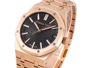 Royal Oak Pink Gold '50th Anniversary' watch with black dial, 41mm case, octagonal bezel, and matching pink gold bracelet.