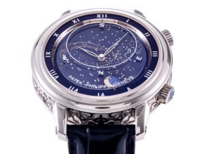 Celestial Stainless Steel watch with blue dial, featuring starry design, Roman numerals, and a moon phase on leather strap.