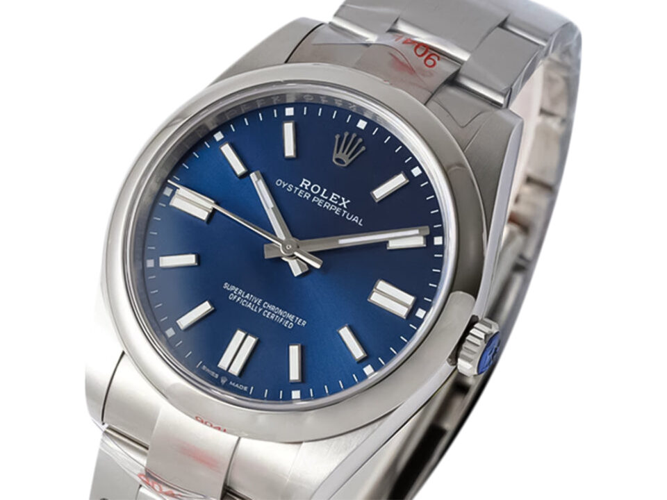 Oyster Perpetual 41 watch in stainless steel with a vibrant blue dial, sleek hour markers, and polished finish displayed.