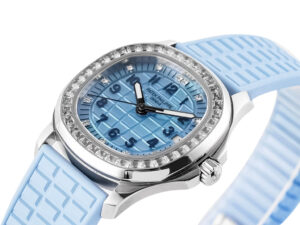 Aquanaut Luce Stainless Steel Diamond Blue watch with a light blue textured dial, diamond-set bezel, matching rubber strap.
