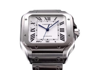 Santos Large Stainless Steel watch with white dial, Roman numerals, and blue hands, 40mm size, shown up close.