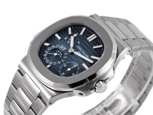 Nautilus Moonphase Stainless Steel watch with a blue dial, 40mm case, and silver bracelet displayed at an angled view.