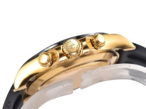 Side view of the Cosmograph Daytona Yellow Gold Oysterflex watch with Champagne Dial, featuring a gold case and crown.