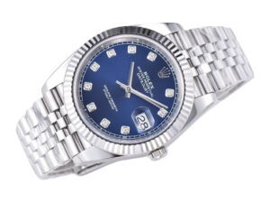 Datejust 41 Stainless Steel watch with Jubilee bracelet, diamond blue dial, and fluted bezel displayed at an angle.