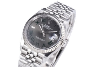 Alt text: Datejust 36 Stainless Steel 'Wimbledon' on Jubilee bracelet with fluted bezel gray dial featuring Roman numerals.