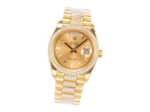 Day-Date 36 Yellow Gold ‘President’ watch with Champagne Dial, Diamond Bezel, and gold bracelet.