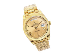 Day-Date 40 Yellow Gold 'President' with Champagne Dial, Roman Numerals, and Fluted Bezel displayed on a product page.