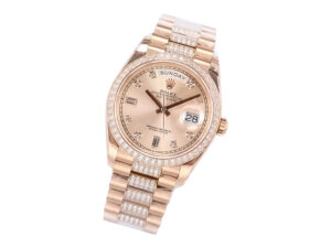 Day-Date 36 Rose Gold 'President' watch with Diamond Rose Dial, Diamond Bezel, and rose gold bracelet adorned with diamonds.