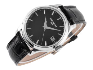 Calatrava Stainless Steel with Black Dial (39mm) watch featuring a sleek black leather strap and date display at 3 o'clock.