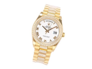 Day-Date 36 Yellow Gold 'President' watch with white dial, diamond bezel, Roman numerals, and gold bracelet.