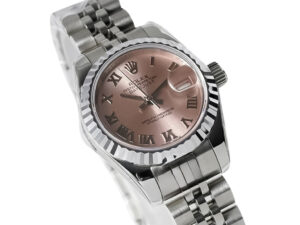Lady-Datejust 28 stainless steel watch with pink Roman numeral dial, fluted bezel, and Jubilee bracelet.