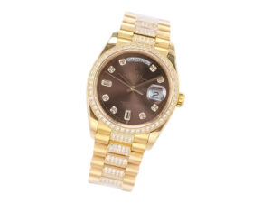 Day-Date 36 Yellow Gold 'President' watch with diamond chocolate dial, diamond bezel, and yellow gold bracelet.