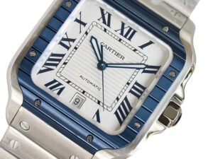 Close-up of the Santos Large Stainless Steel watch with white dial, blue bezel, Roman numerals, and a 40mm case.