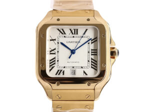 Santos Large Yellow Gold watch with white dial, Roman numerals, blue hands, and a 40mm case displayed on product page.