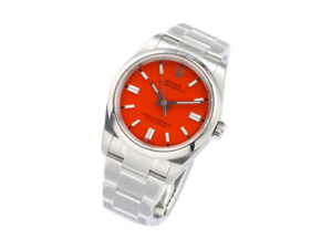 Oyster Perpetual 36 watch in stainless steel with a vibrant red dial, featuring an elegant design and polished bracelet.