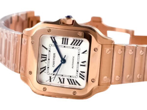 Santos Medium Rose Gold watch with white dial, 35mm case, Roman numerals, and rose gold bracelet displayed at an angle.