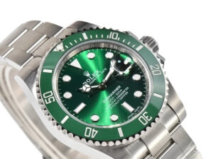 Submariner Date Stainless Steel 'Hulk' watch with 40mm case, green dial, and matching green bezel displayed at an angle.