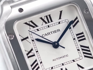 Close-up of the Santos Medium Stainless Steel watch with a white dial, Roman numerals, and blue steel hands (35mm).
