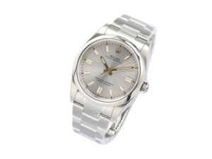 Oyster Perpetual 36 Stainless Steel watch with a silver dial, luminous hour markers, and polished steel bracelet.