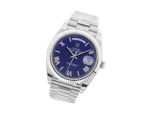 Day-Date 40 White Gold 'President' watch with blue dial, Roman numerals, fluted bezel, and signature bracelet.