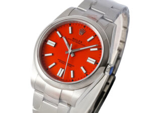 Oyster Perpetual 41 Stainless Steel watch with a vibrant red dial, luminous hour markers, and an elegant oyster bracelet.