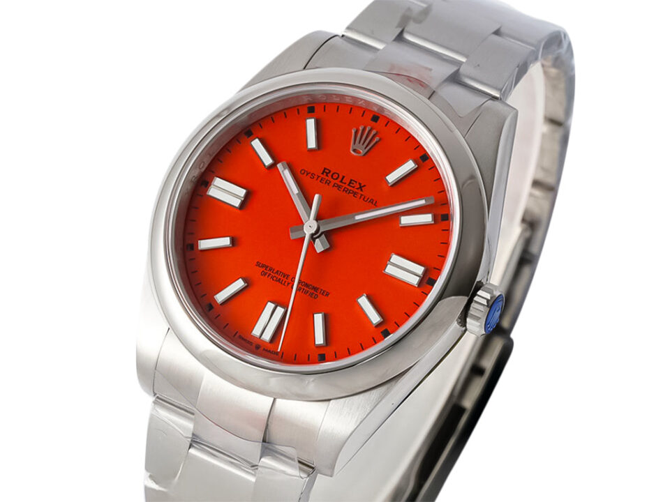 Oyster Perpetual 41 Stainless Steel watch with a vibrant red dial, luminous hour markers, and an elegant oyster bracelet.