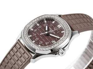 Aquanaut Luce Stainless Steel Diamond Brown watch with a textured brown dial, diamond bezel, and matching rubber strap.